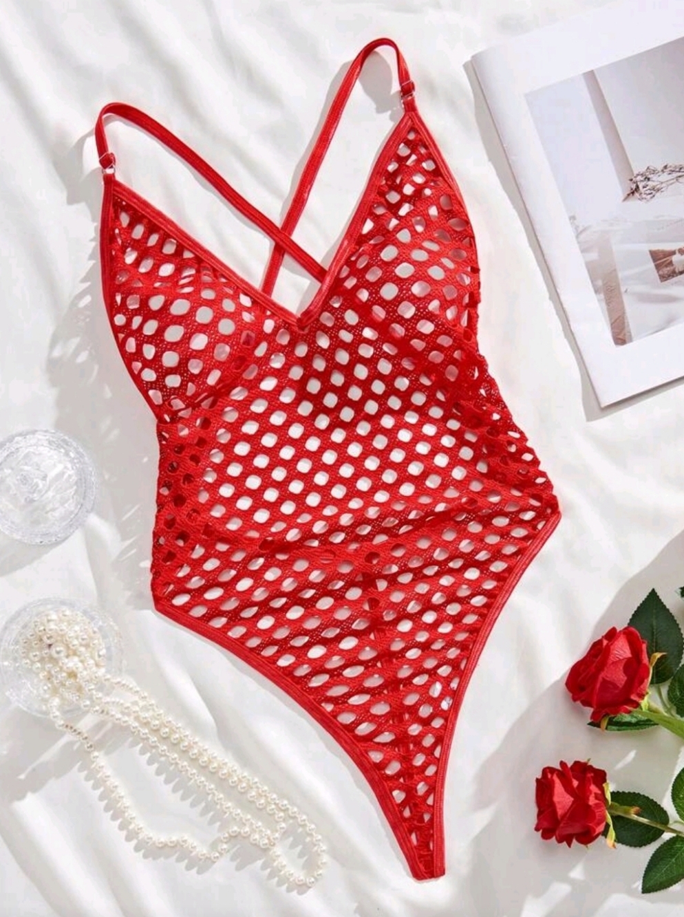Women's Lingerie Red Mesh Fishnet Bodysuit Teddy Large New
